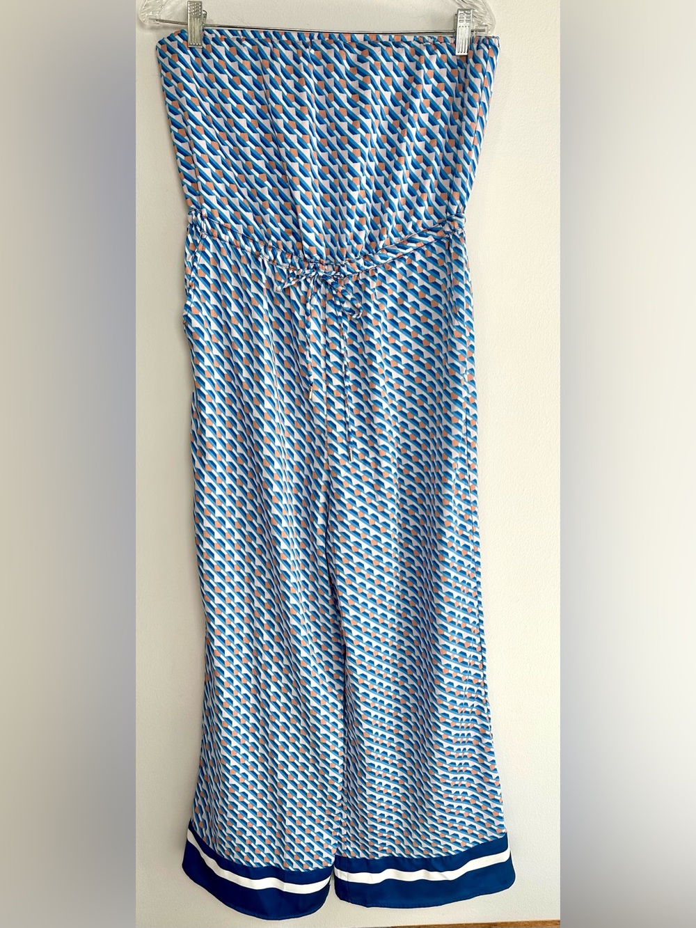 Skies Are Blue Blue Geometric Strapless Jumpsuit with Peach Accents Retro Vibe M